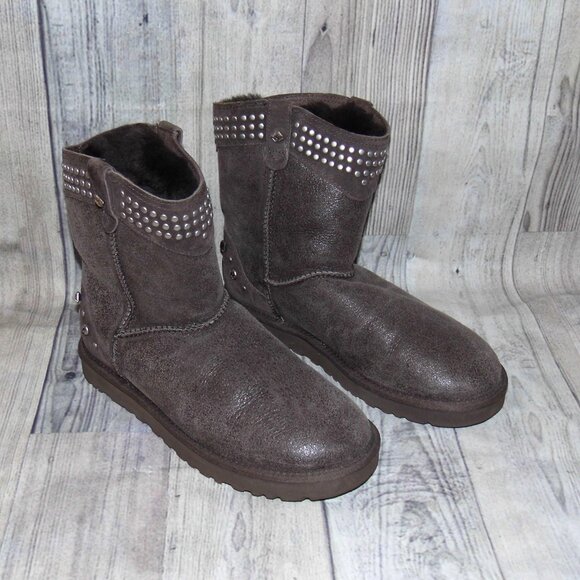UGG Bowen Swarovski Crystal Bling Studded Brown Leather/Sheepskin Boots Womens 8